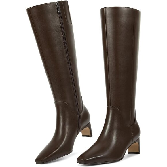 Women’s Brown Knee High Chunky Block Heel Square Toe Side Zipper Tall Boots - Picture 4 of 6